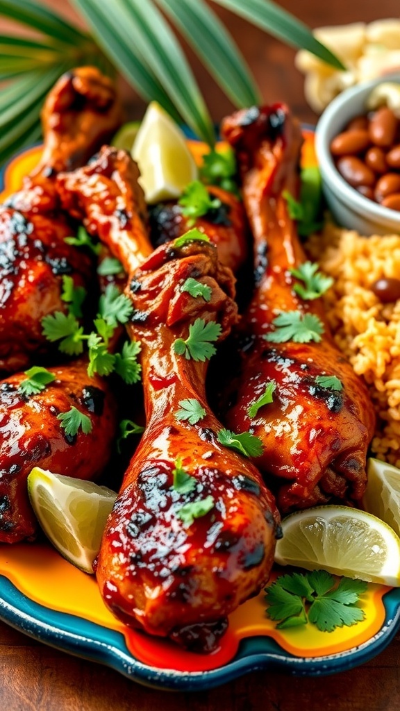 Spicy jerk chicken drumsticks on a plate with lime wedges and rice.
